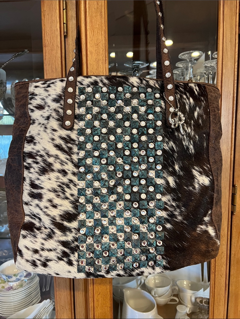 Raviani Black & White Cowhide Tote with Turquoise Studded Panel